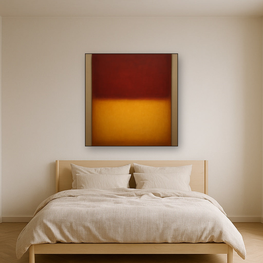 Crimson Burgundy & Saffron Gold Color Vibrations No. 28 Oil Painting Staged Above Master Bed in Bedroom, Calming Neutral Hand Painted Oil Art