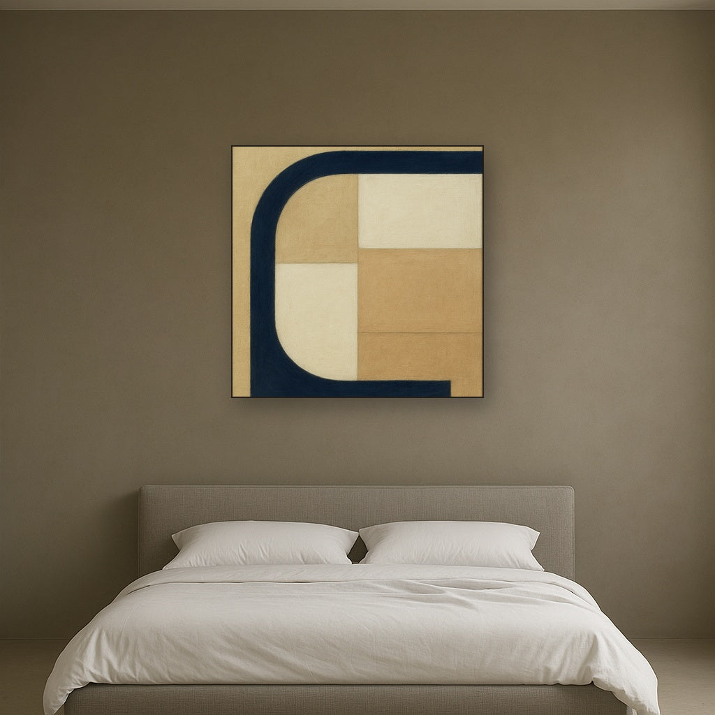 Navy & Warm Beige Geometric Line Balance No. 7 Fine Art Oil Painting - View 3