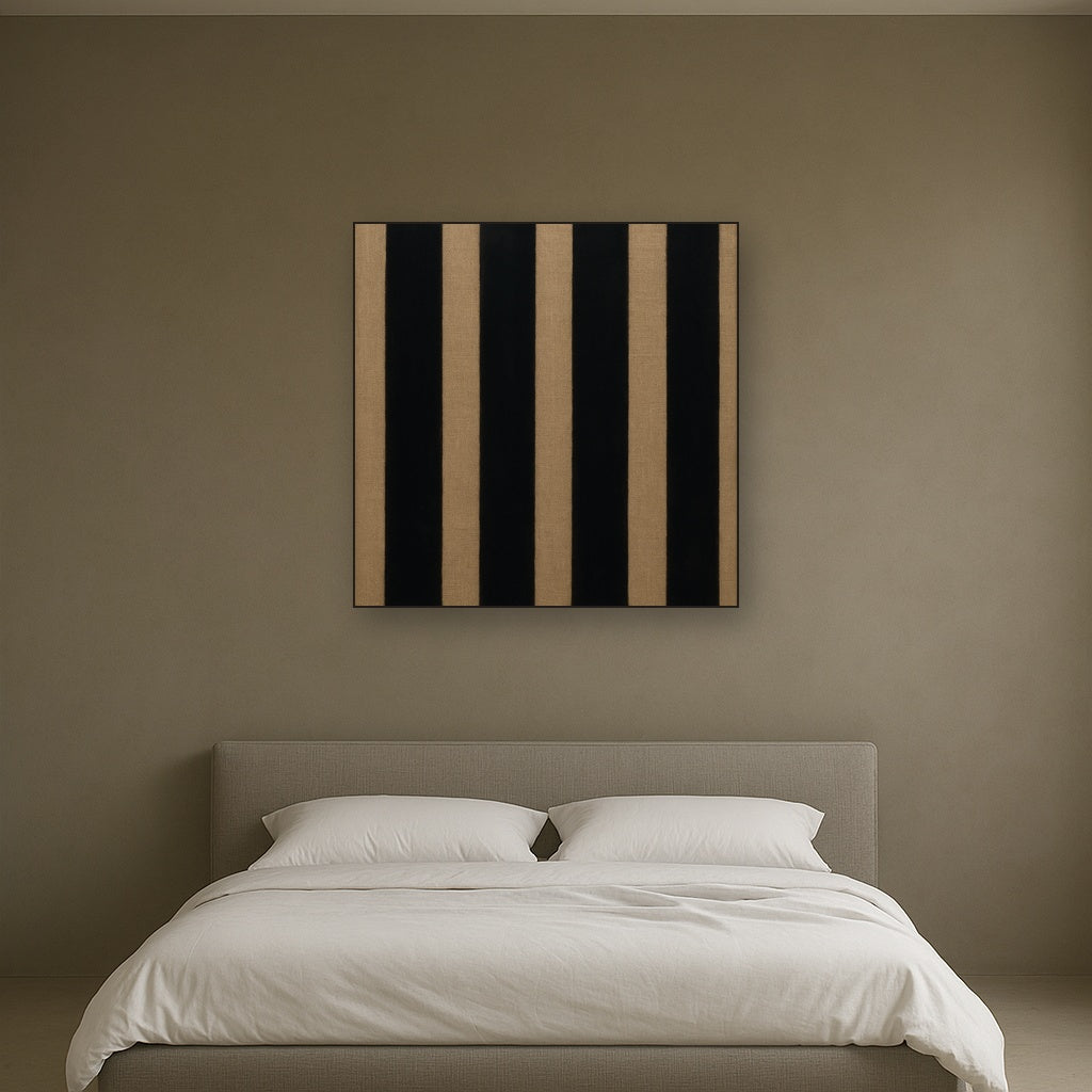 Minimalist Black Stripe & Raw Linen Rhythm No. 5 Fine Art Oil Painting - View 3