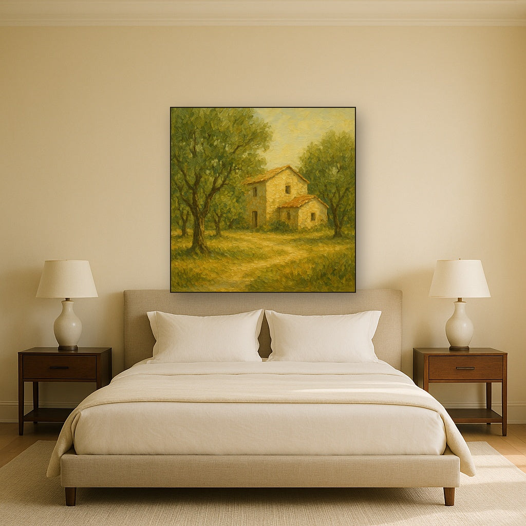 Vintage Olive Grove & Stone Farmhouse No. 5 Oil Painting - Styled in Master Bedroom
