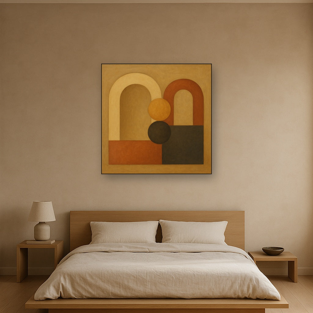 Arch & Circle Equilibrium in Warm Earth Tones No. 12 Oil Painting Staged Above Master Bed in Bedroom, Calming Neutral Hand Painted Oil Art