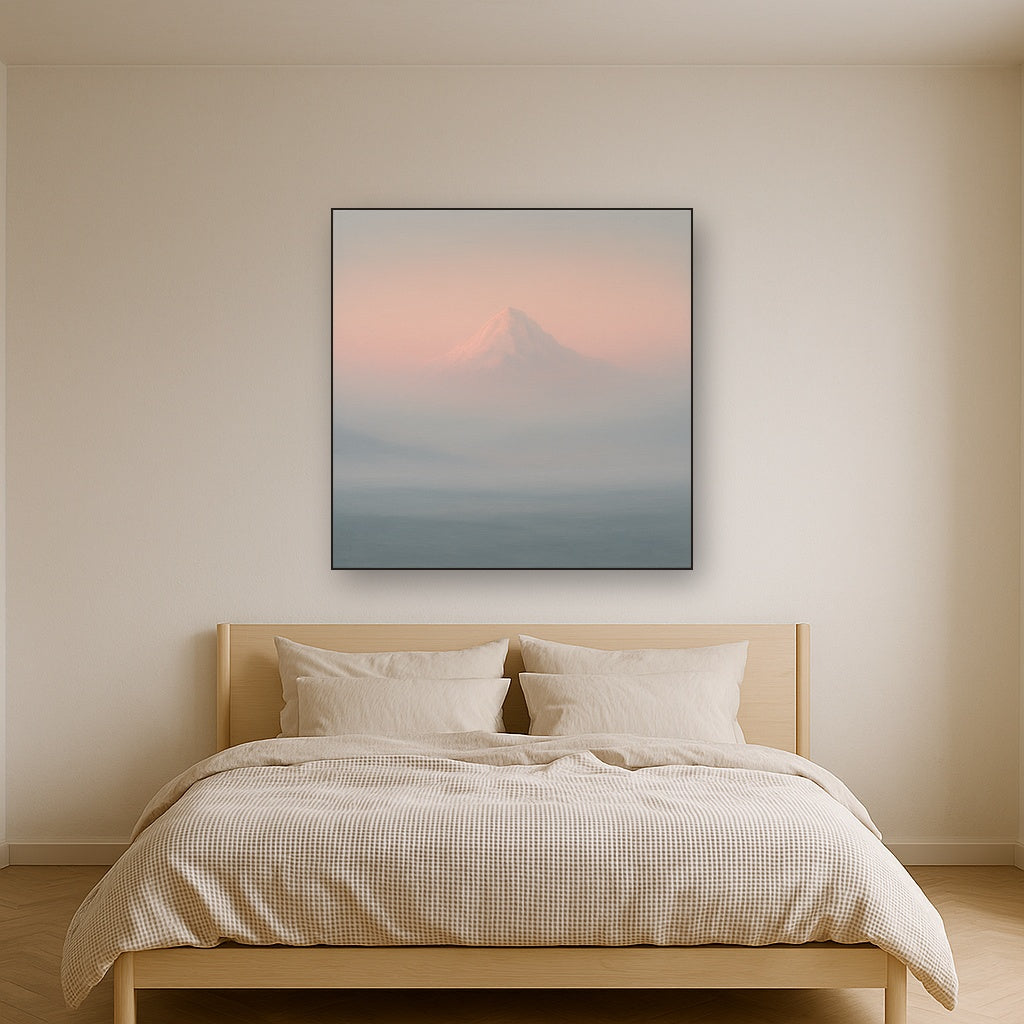 Pale Alpenglow over Distant Glacial Peak No. 21 Oil Painting Staged Above Master Bed in Bedroom, Calming Neutral Hand Painted Oil Art