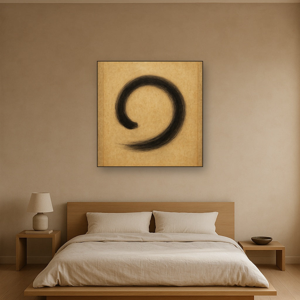Aged Rice Paper & Charcoal Calligraphic Balance No. 3 Oil Painting Staged Above Master Bed in Bedroom, Calming Neutral Hand Painted Oil Art
