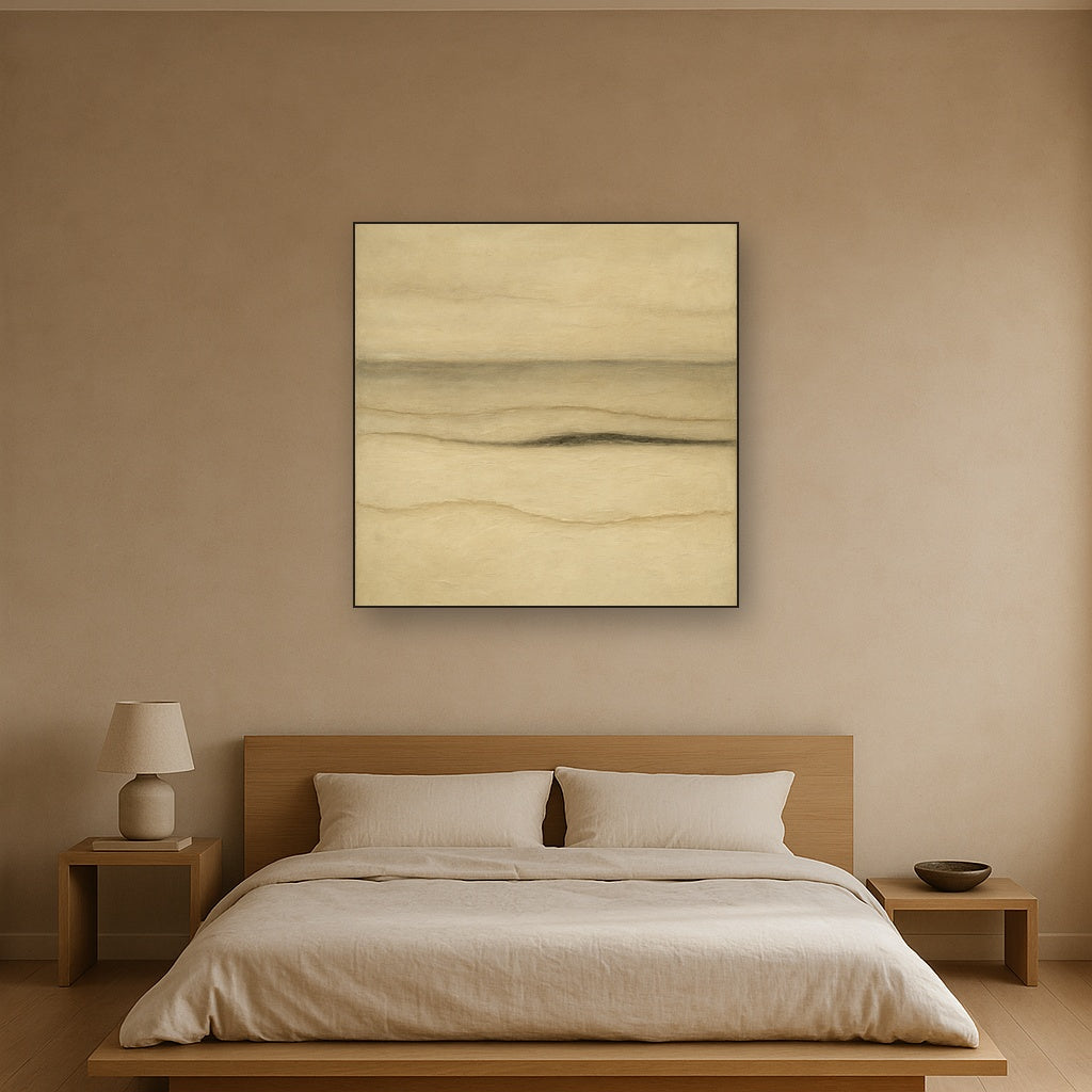 Raw Limestone Horizon & Washed Linen No. 19 Oil Painting Staged Above Master Bed in Bedroom, Calming Neutral Hand Painted Oil Art