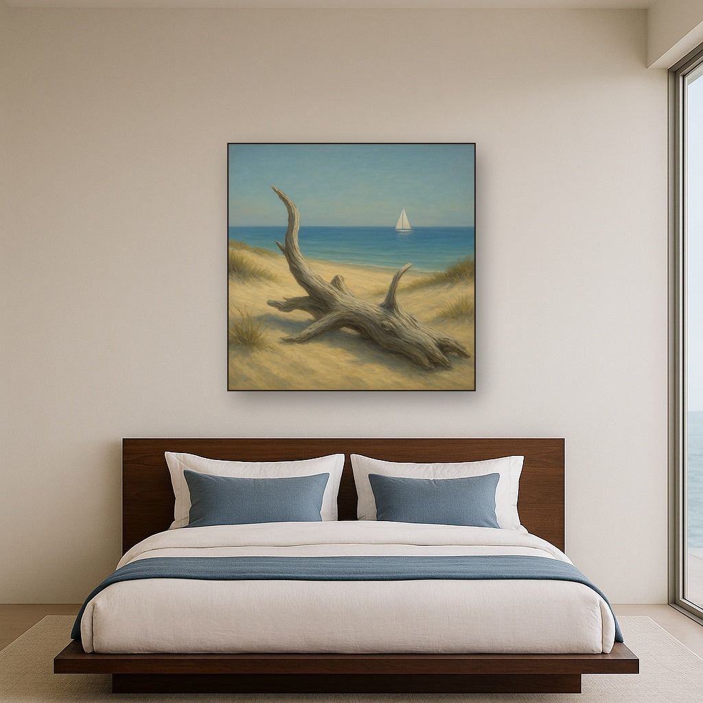 Sun-Bleached Driftwood & Distant Sailboat No. 20 Oil Painting - View 3