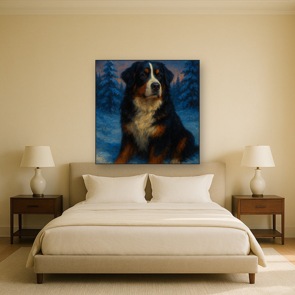 Bernese Mountain Dog in Winter Snowscape No. 9 Fine Art Oil Painting - View 3