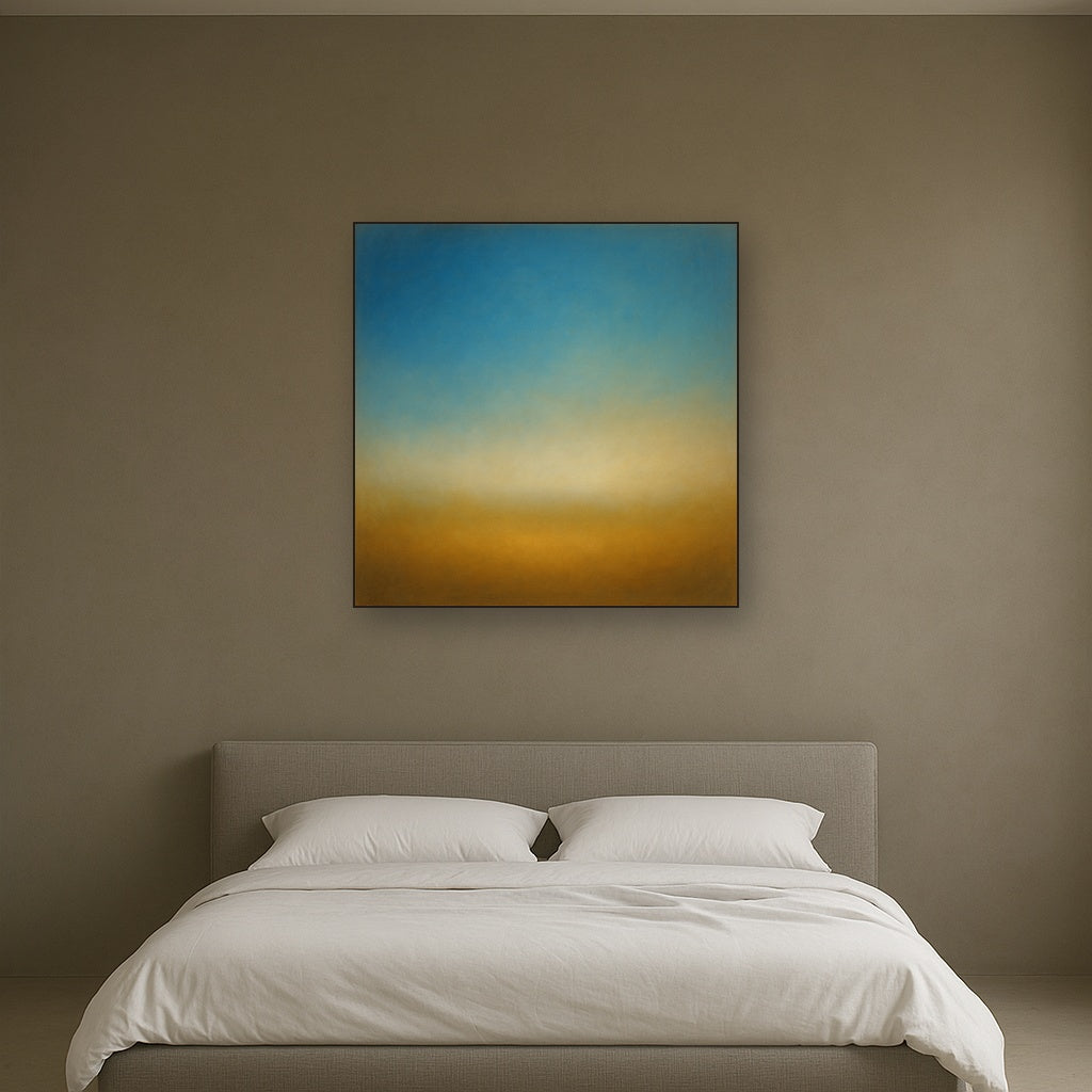 Celestial Azure & Warm Ochre Equilibrium No. 6 Oil Painting Staged Above Master Bed in Bedroom, Calming Neutral Hand Painted Oil Art