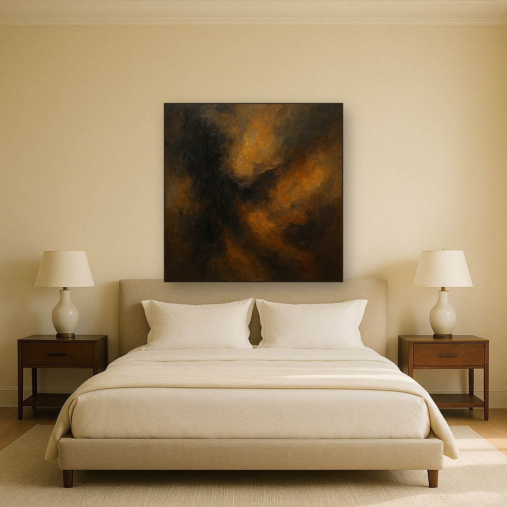 Smoky Topaz & Charred Wood Abstract Oil Painting - Styled in Master Bedroom