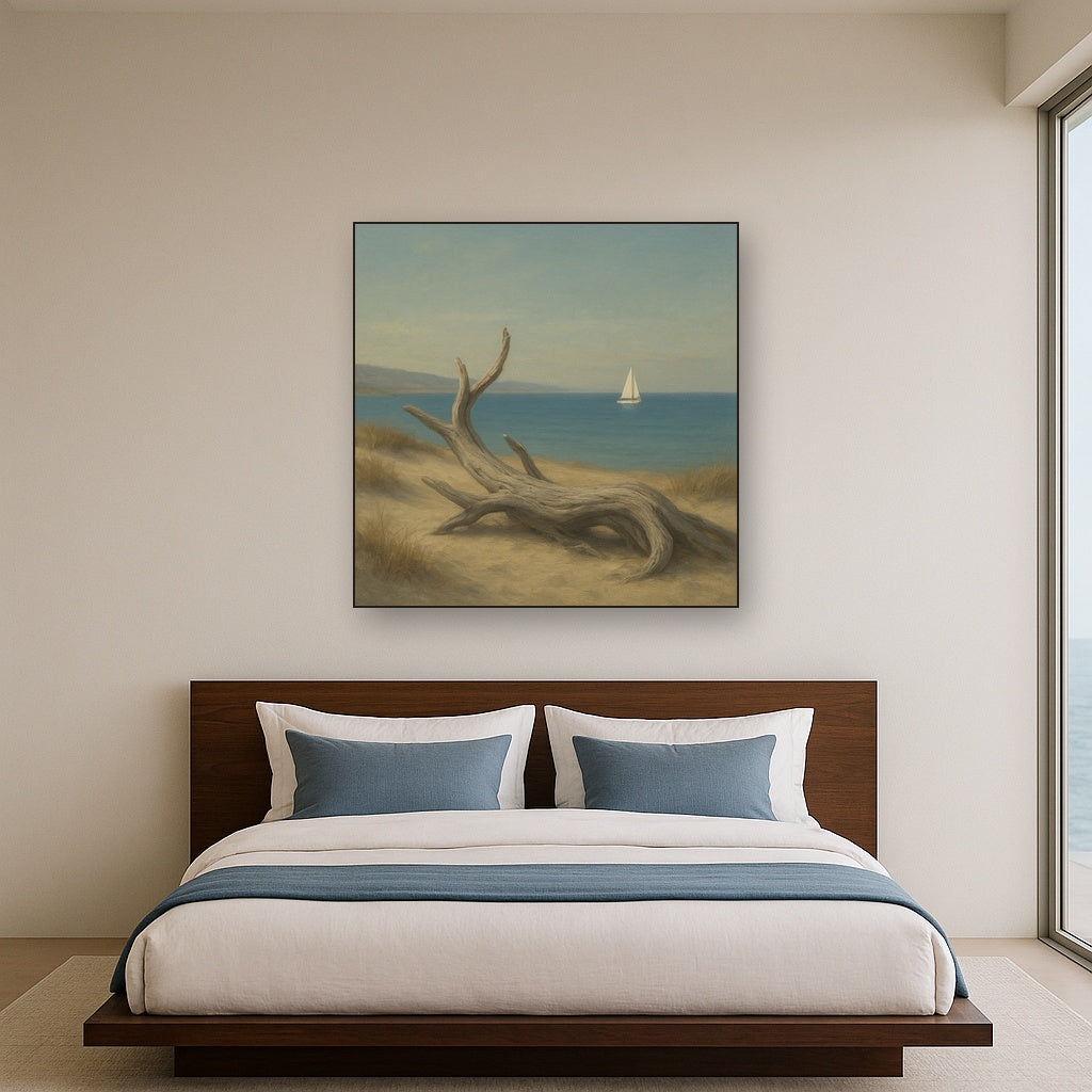 Sun-Bleached Driftwood & Distant Sailboat No. 16 Oil Painting - View 3