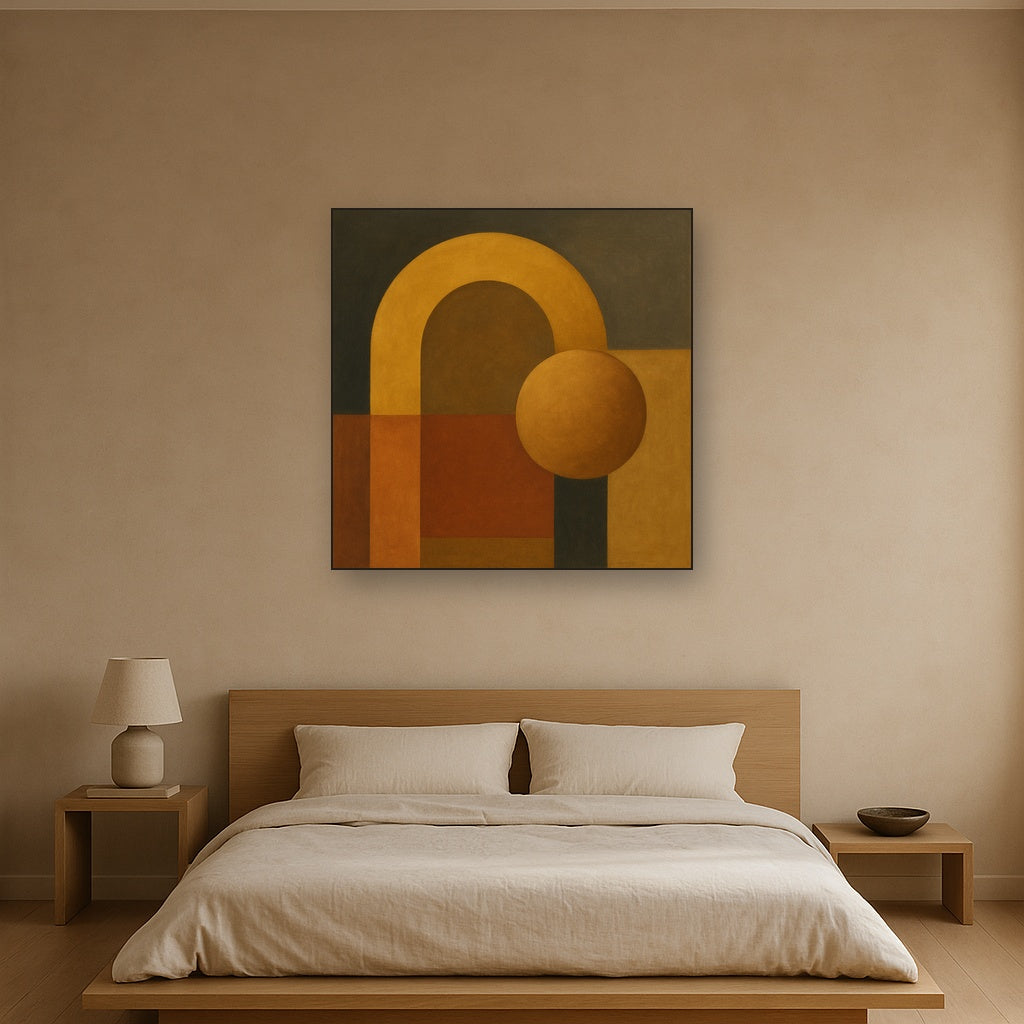Arch & Circle Equilibrium in Warm Earth Tones No. 16 Oil Painting Staged Above Master Bed in Bedroom, Calming Neutral Hand Painted Oil Art