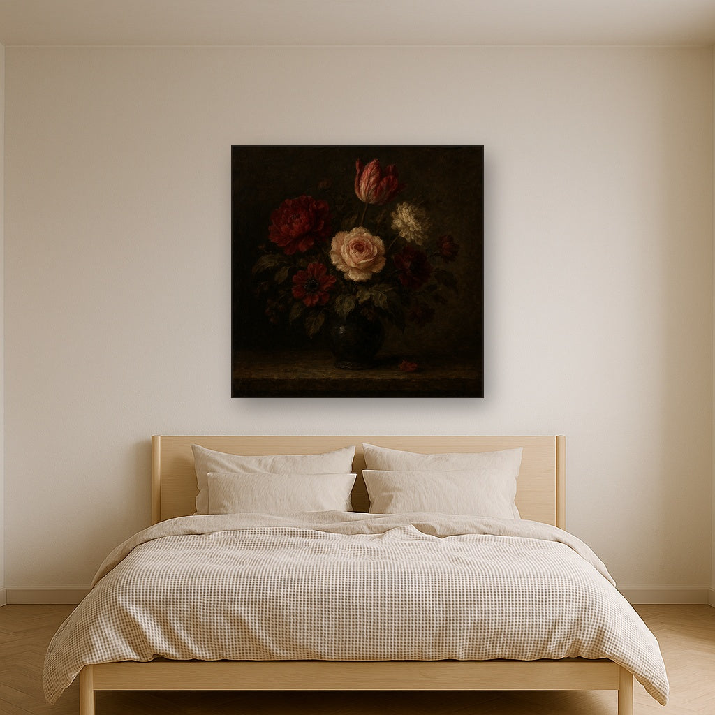 Dutch Golden Age Moody Floral Still Life No. 2 Oil Painting - Styled in Master Bedroom