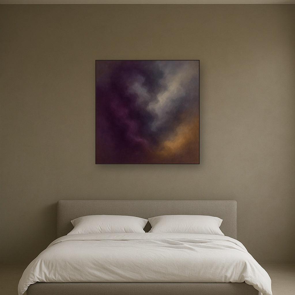 Gilded Plum & Soft Smoke Cloud Harmony No. 4 Oil Painting Staged Above Master Bed in Bedroom, Calming Neutral Hand Painted Oil Art