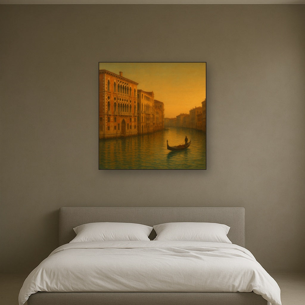 Venetian Canal Palaces at Golden Hour No. 28 Oil Painting Staged Above Master Bed in Bedroom, Calming Neutral Hand Painted Oil Art