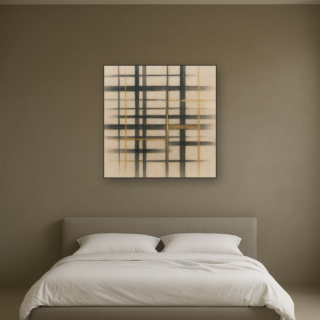 Abstract Woven Line Matrix in Charcoal & Gold No. 15 Fine Art Oil Painting - View 3