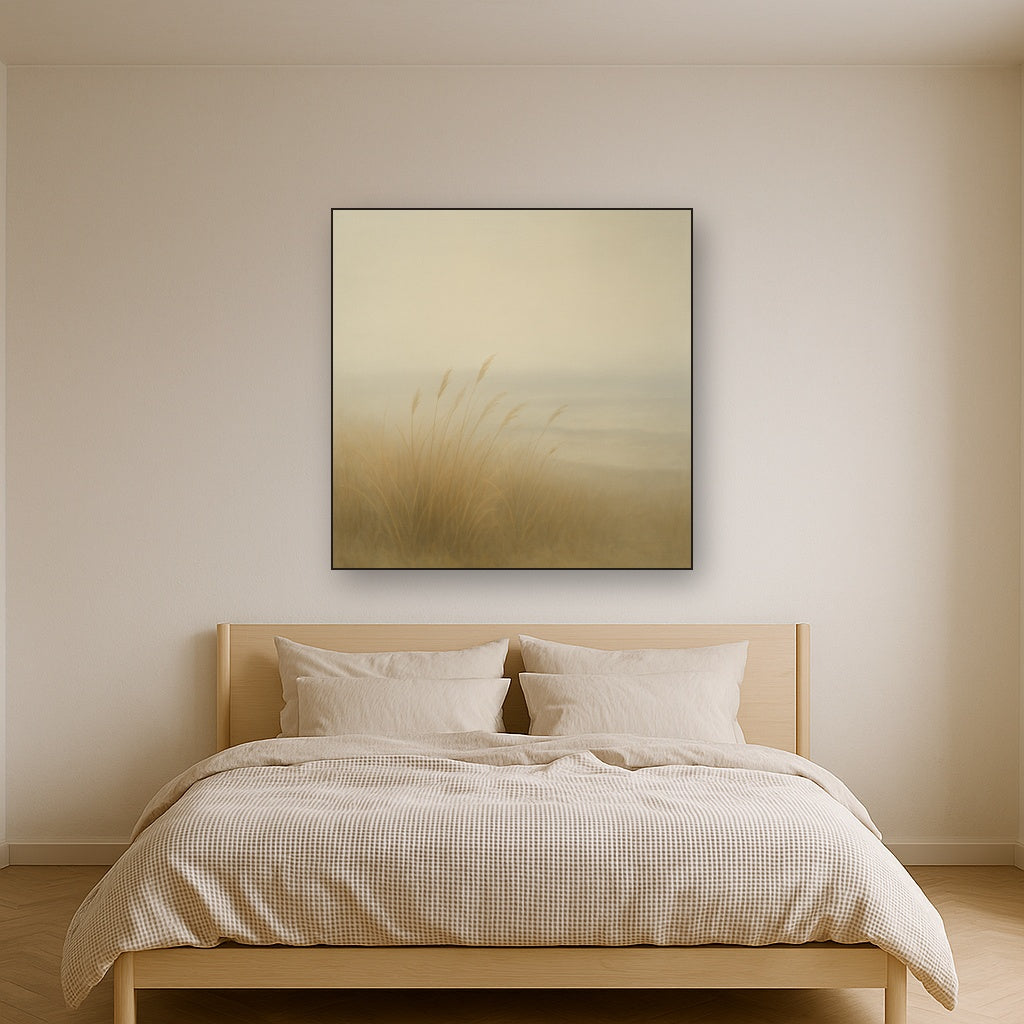 Silent Dune Grass in November Sea Fog No. 11 Oil Painting Staged Above Master Bed in Bedroom, Calming Neutral Hand Painted Oil Art