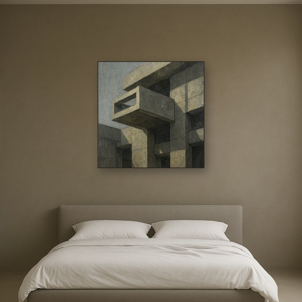 Brutalist Cantilevered Balcony Study No. 5 Oil Painting - Styled in Master Bedroom