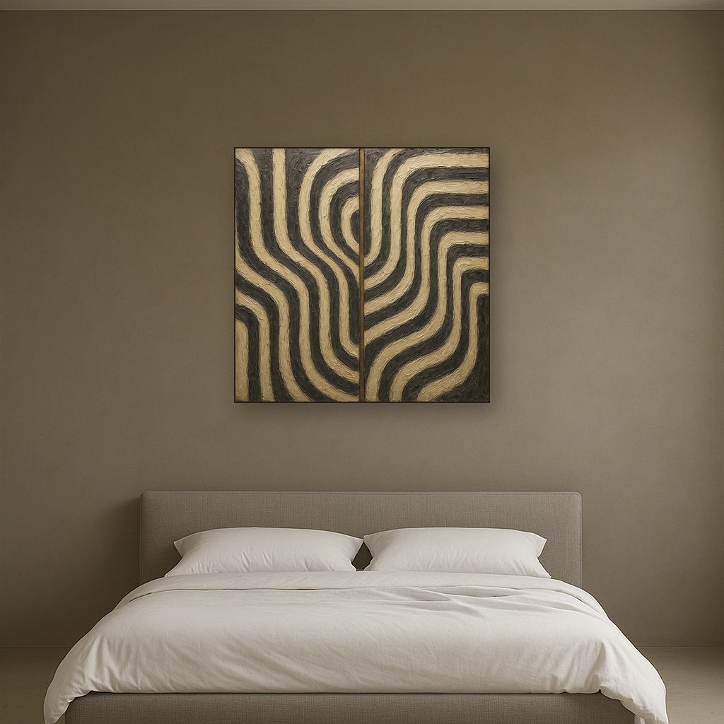Monochrome Linear Rhythm Diptych No. 2 Oil Painting - Styled in Master Bedroom