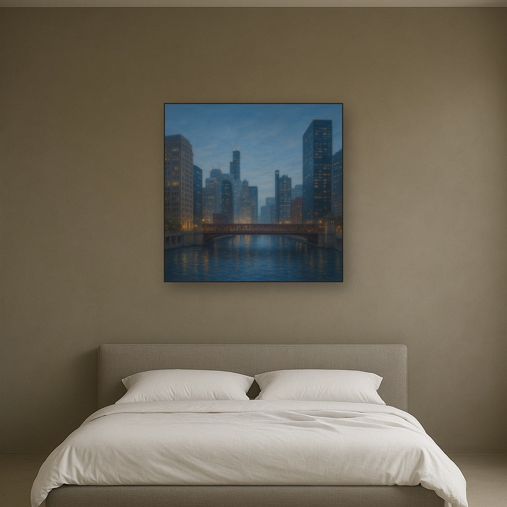 Chicago Riverfront Architecture at Blue Hour No. 5 Oil Painting - View 3