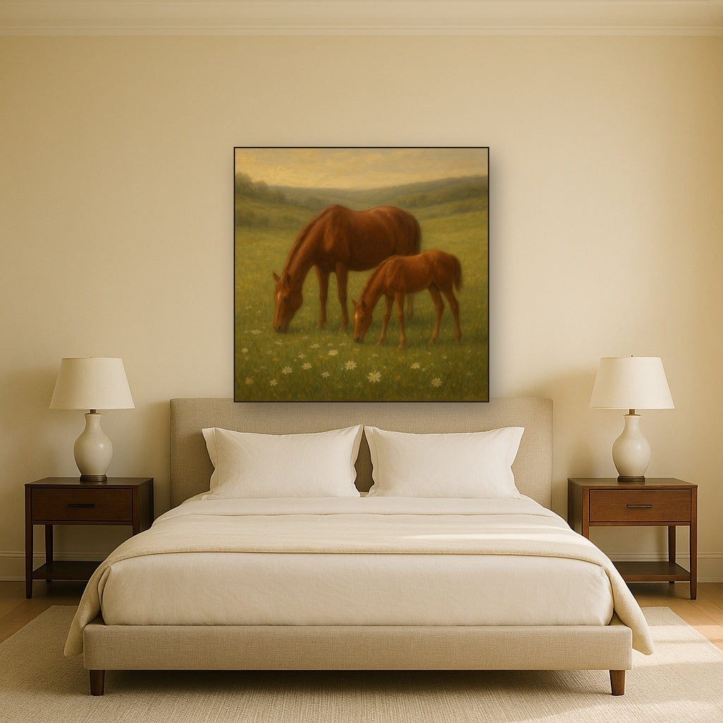 Mares & Foals Grazing in Rolling Meadow No. 17 Oil Painting Staged Above Master Bed in Bedroom, Calming Neutral Hand Painted Oil Art