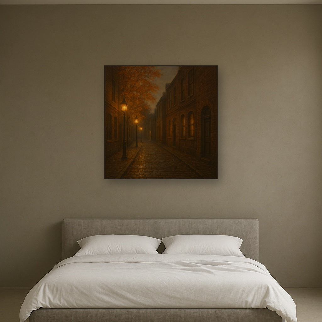 London Gaslamp Alley in Autumn Dusk No. 29 Oil Painting Staged Above Master Bed in Bedroom, Calming Neutral Hand Painted Oil Art