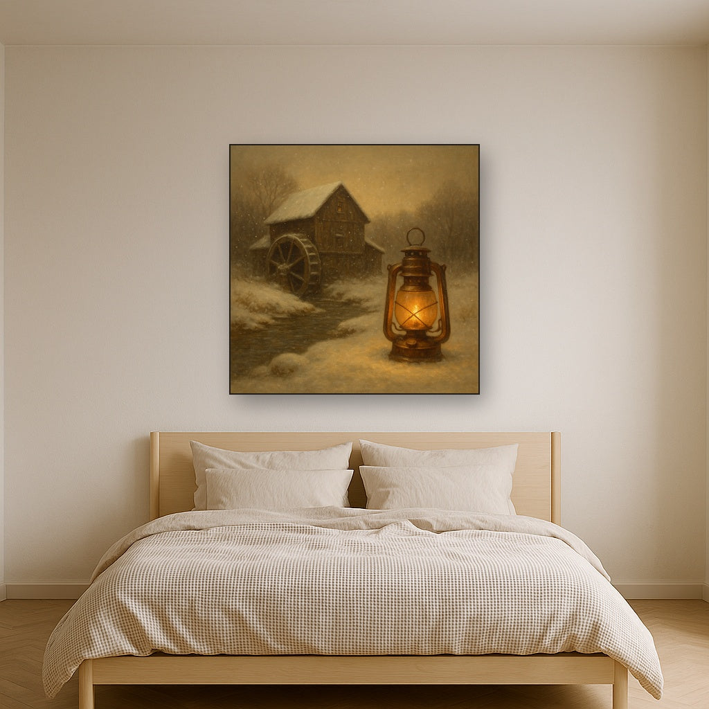 Snowy Mill Stream & Glowing Lantern No. 4 Oil Painting - View 3