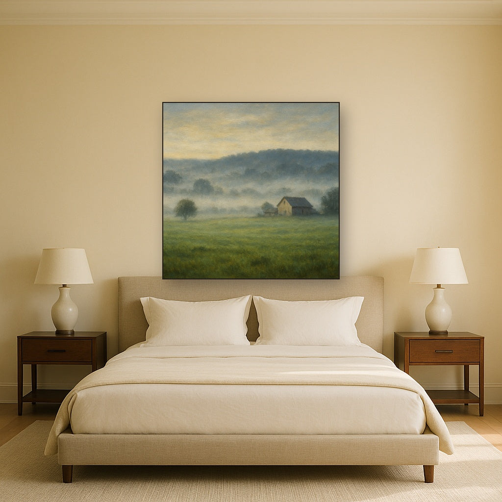 Misty Morning Pasture with Distant Wooded Ridge No. 5 Fine Art Oil Painting - View 3