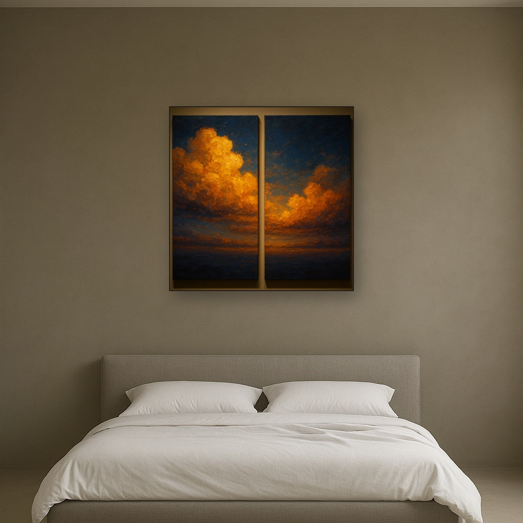 Luminescent Twilight Cloud Diptych No. 2 Oil Painting - Styled in Master Bedroom