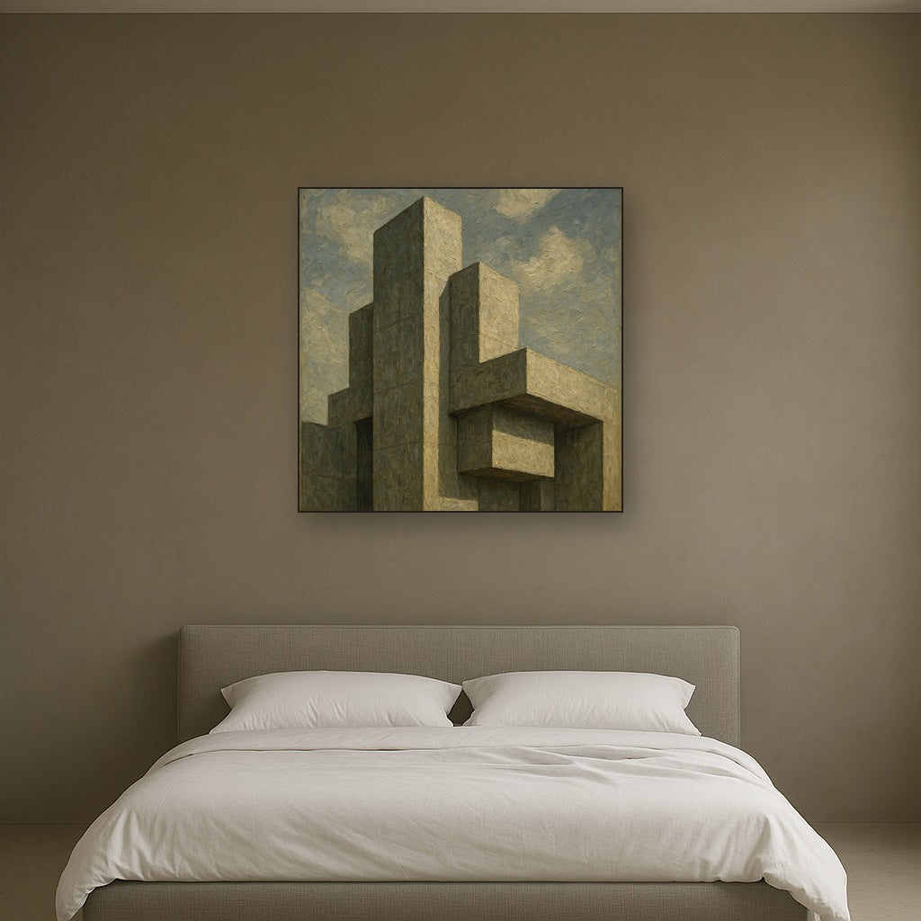 Brutalist Concrete Monolith & Sky No. 3 Oil Painting - Styled in Master Bedroom