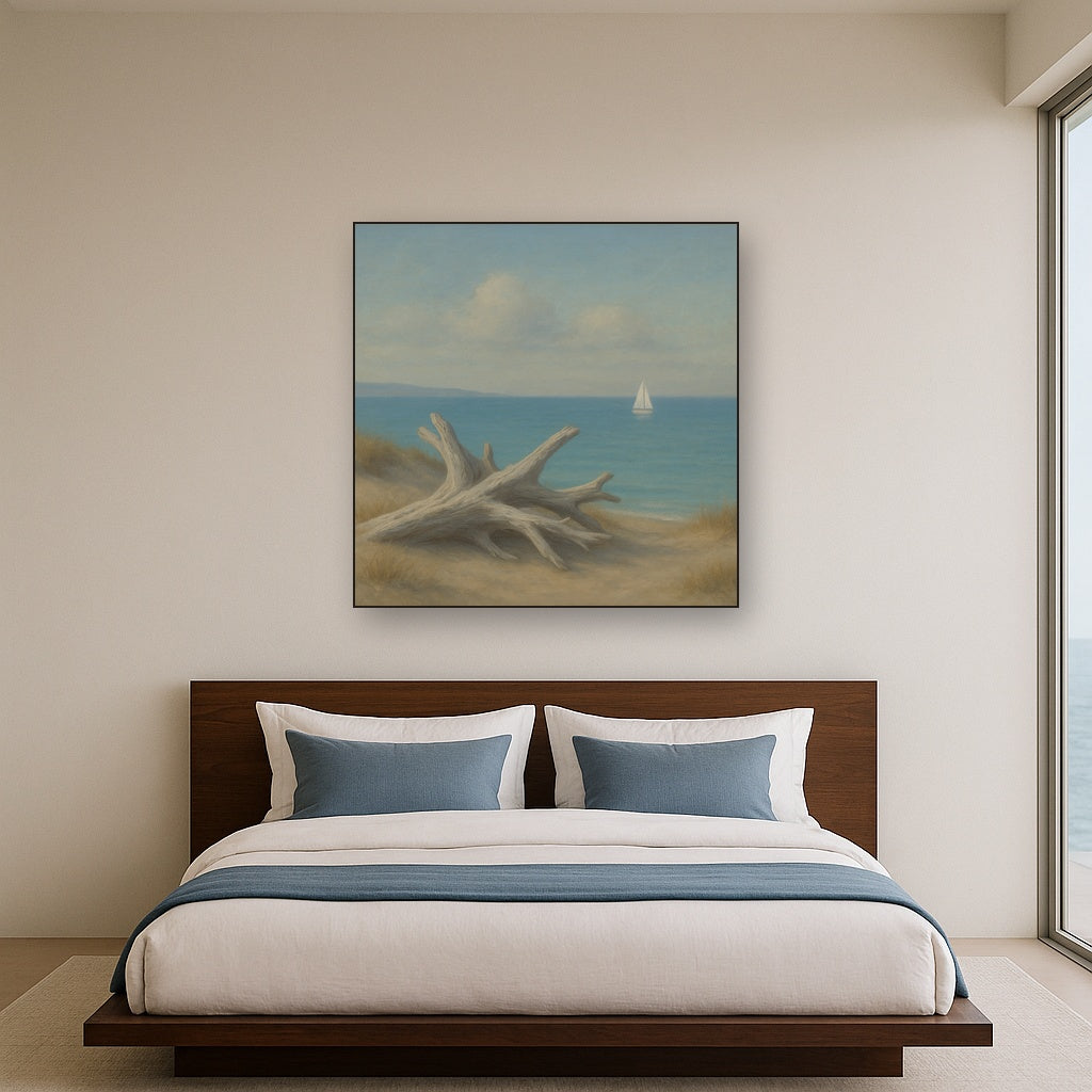 Sun-Bleached Driftwood & Distant Sailboat No. 5 Oil Painting - View 3