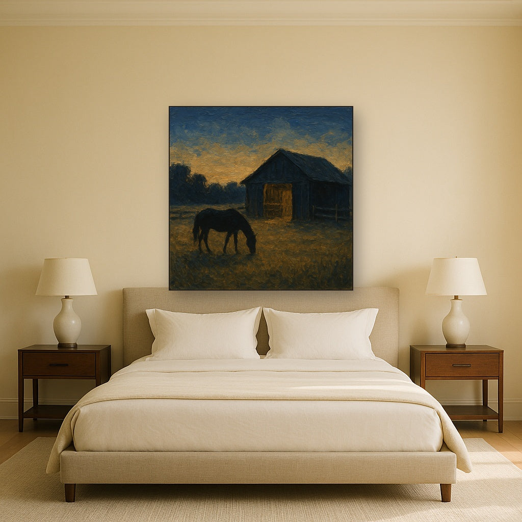 Rustic Equestrian Stable Silhouette No. 4 Oil Painting - Styled in Master Bedroom