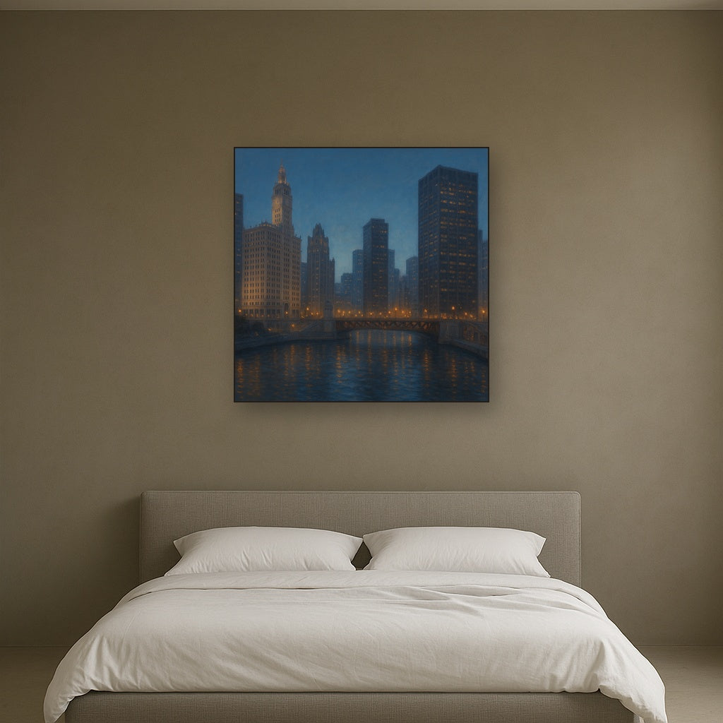 Chicago Riverfront Architecture at Blue Hour No. 12 Oil Painting - View 3
