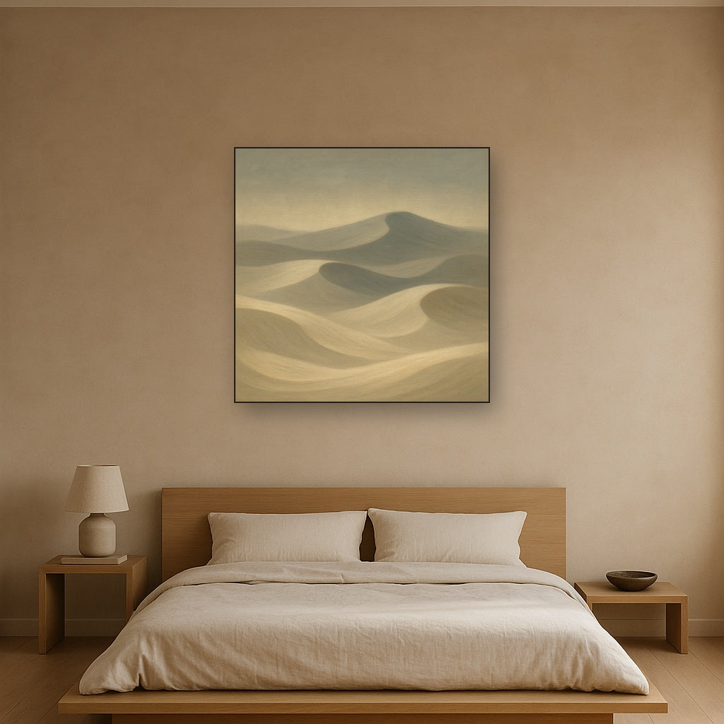Monochrome Sand Dune Contours & Pale Slate No. 17 Oil Painting Staged Above Master Bed in Bedroom, Calming Neutral Hand Painted Oil Art