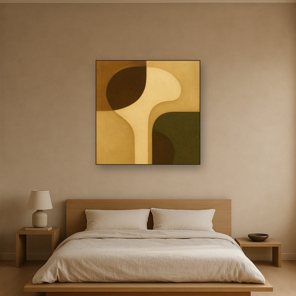 Minimalist Asymmetrical Balance in Raw Umber No. 25 Oil Painting Staged Above Master Bed in Bedroom, Calming Neutral Hand Painted Oil Art