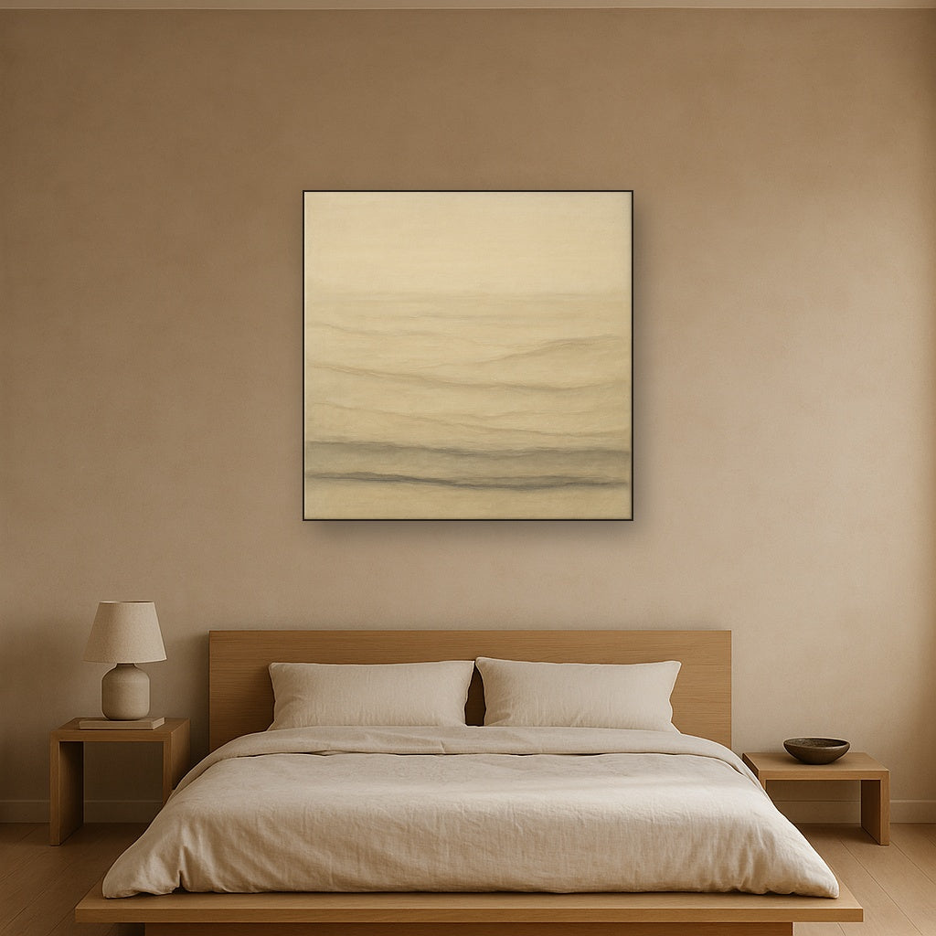 Raw Limestone Horizon & Washed Linen No. 24 Oil Painting Staged Above Master Bed in Bedroom, Calming Neutral Hand Painted Oil Art