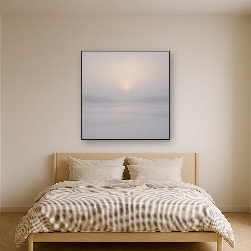 Winter Dawn Frost & Pale Silver Light No. 4 Oil Painting Staged Above Master Bed in Bedroom, Calming Neutral Hand Painted Oil Art