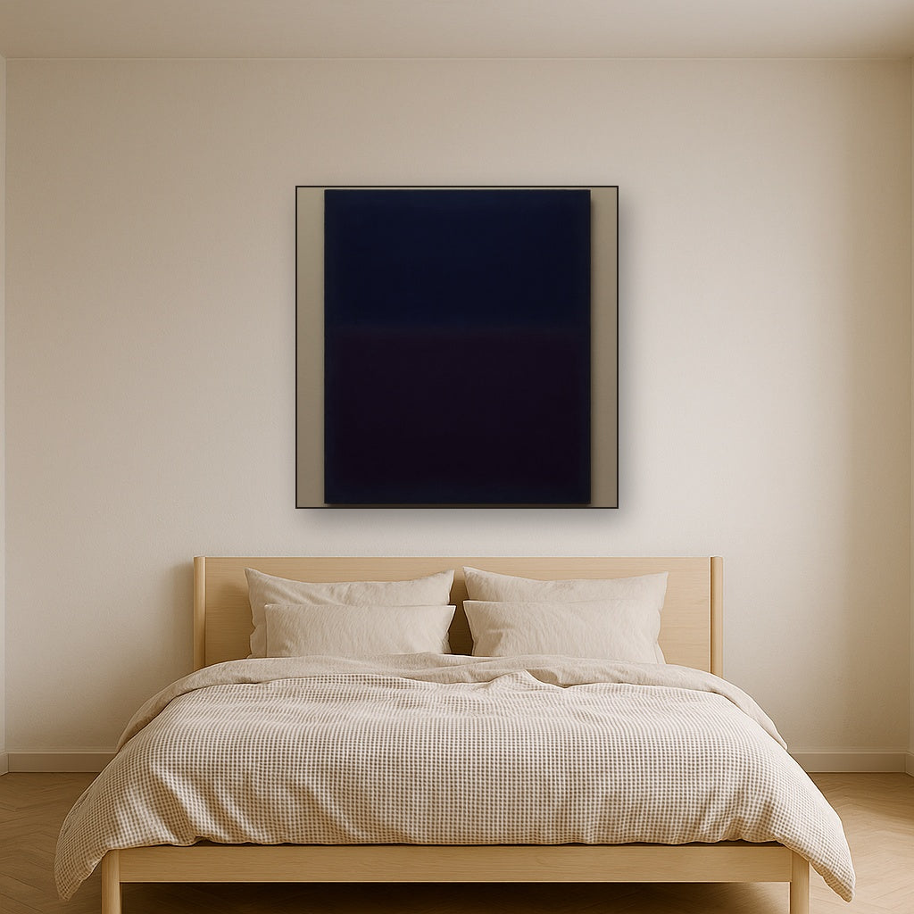 Deep Indigo & Midnight Plum Ambient Field No. 24 Oil Painting Staged Above Master Bed in Bedroom, Calming Neutral Hand Painted Oil Art