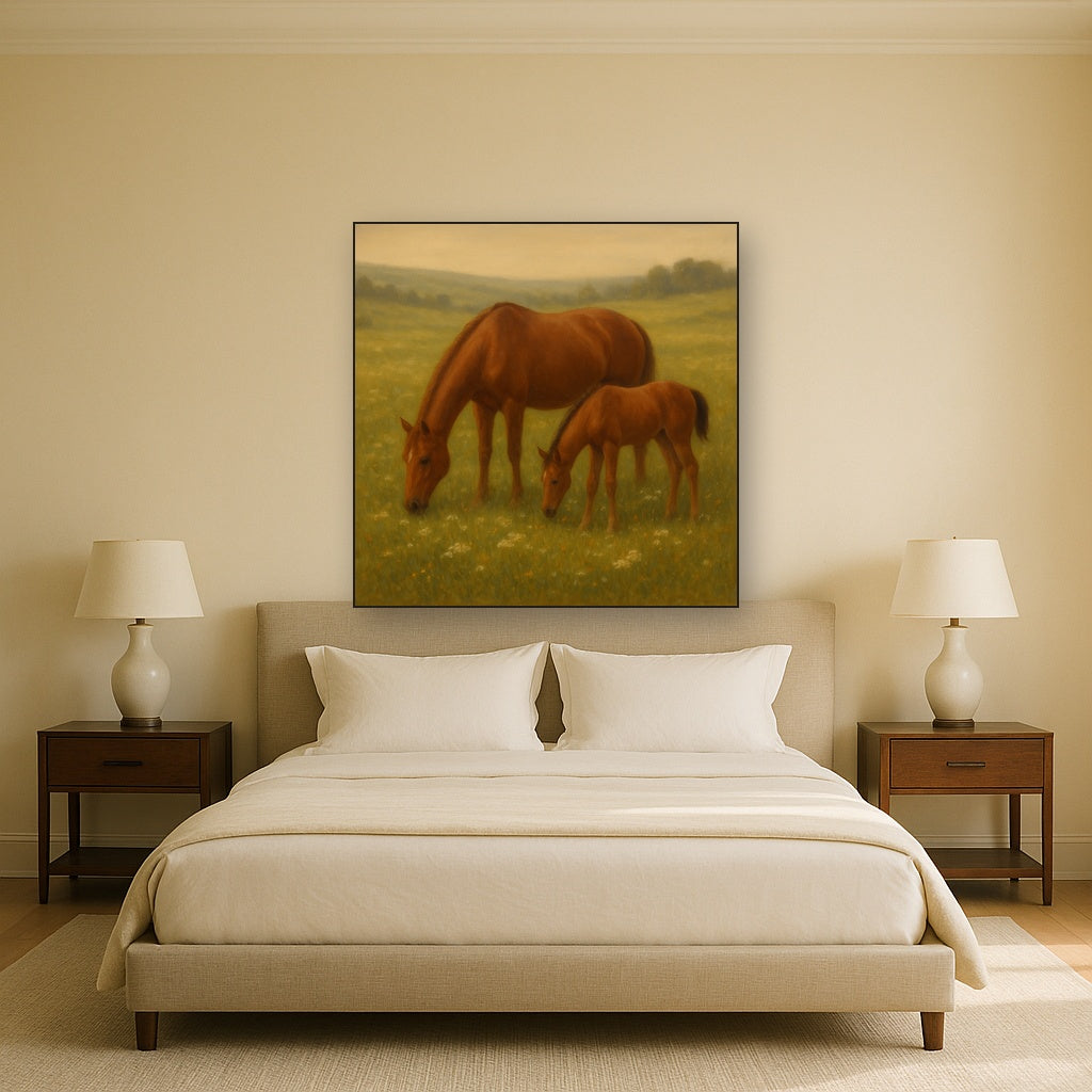 Mares & Foals Grazing in Rolling Meadow No. 16 Oil Painting - View 3
