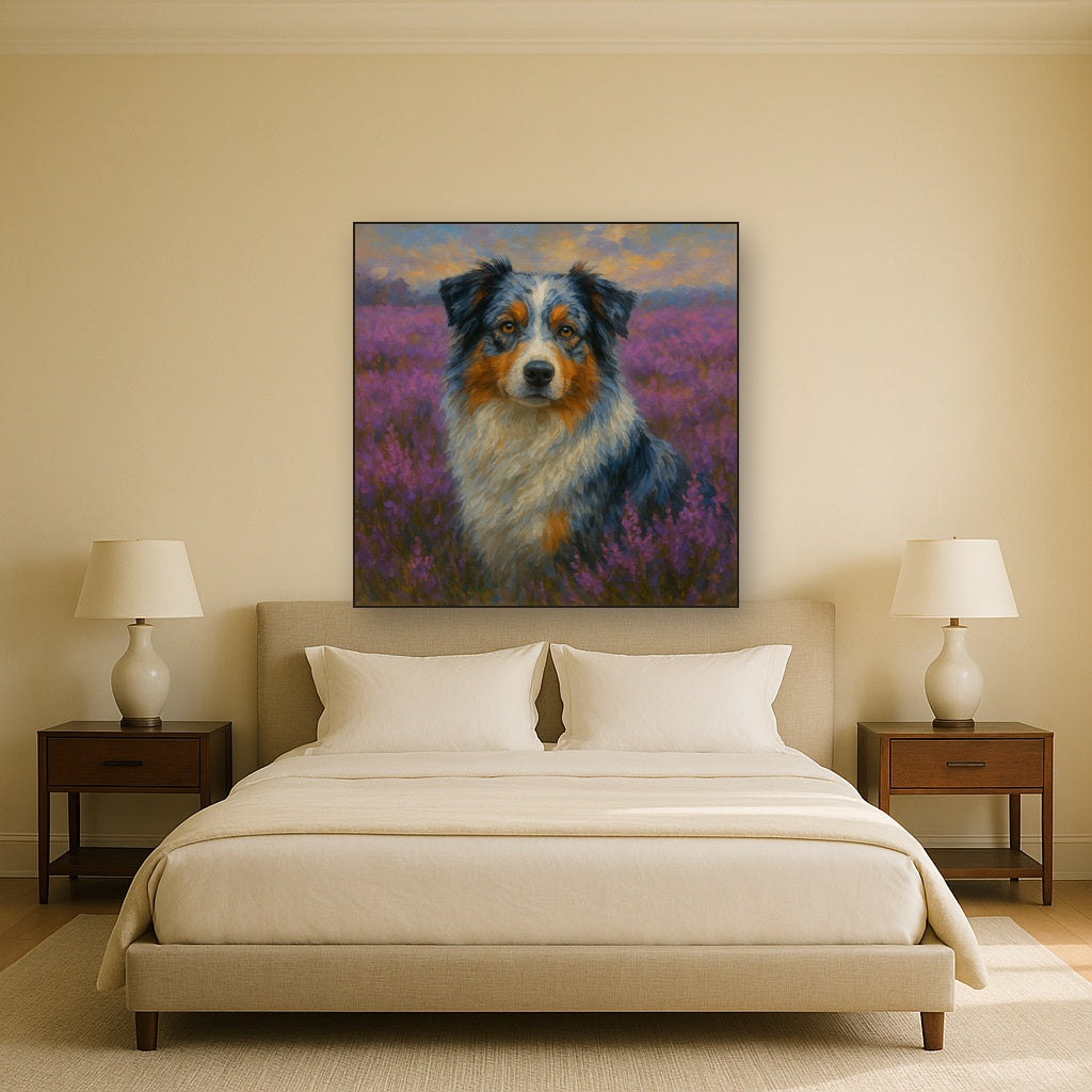 Australian Shepherd in Blooming Heather Field No. 16 Fine Art Oil Painting - View 3
