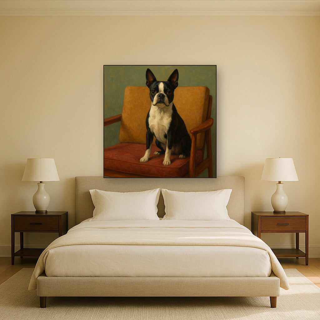 Boston Terrier in Warm Mid-Century Armchair No. 9 Fine Art Oil Painting - View 3