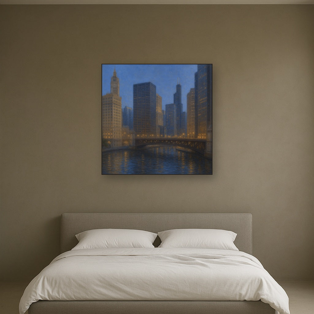 Chicago Riverfront Architecture at Blue Hour No. 21 Oil Painting - View 3