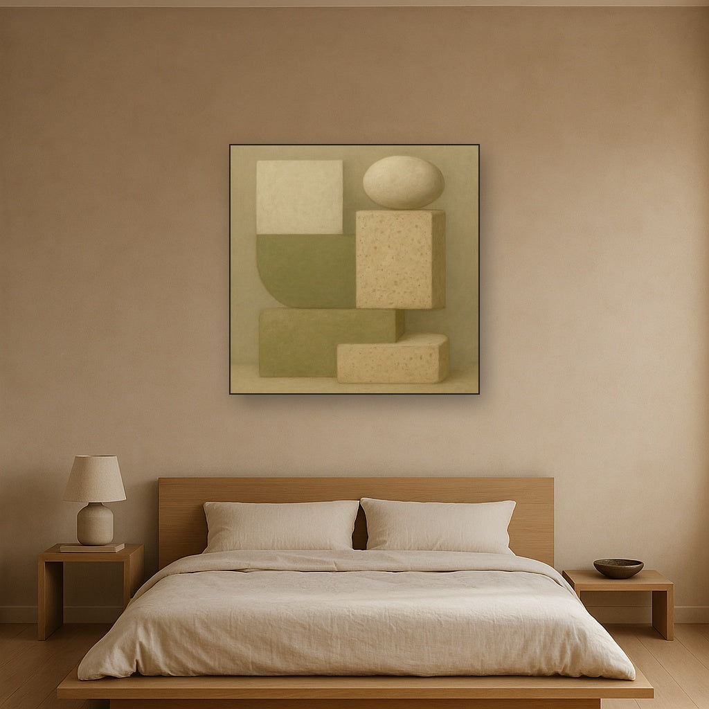 Muted Olive & Sandstone Geometric Balance No. 2 Oil Painting Staged Above Master Bed in Bedroom, Calming Neutral Hand Painted Oil Art