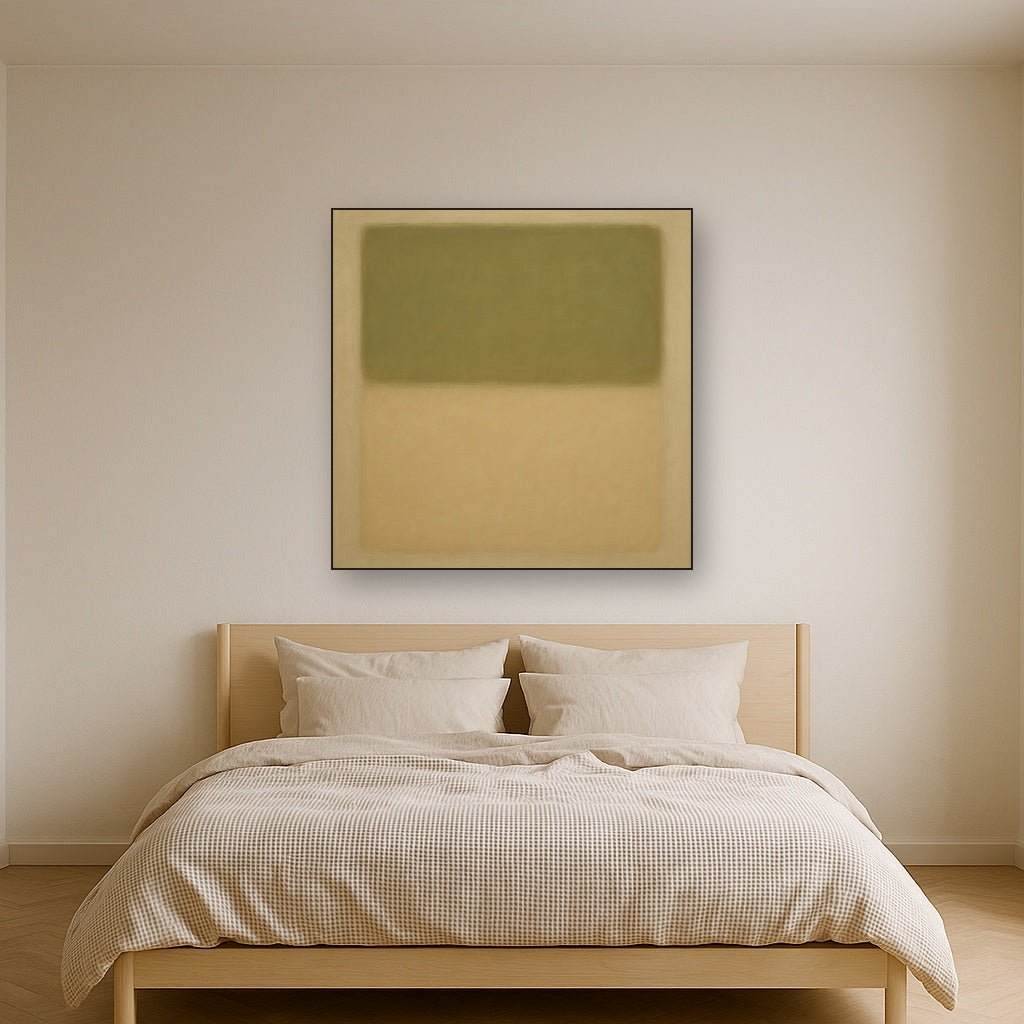 Sage Olive & Pale Sandstone Minimalist Harmony No. 26 Oil Painting Staged Above Master Bed in Bedroom, Calming Neutral Hand Painted Oil Art
