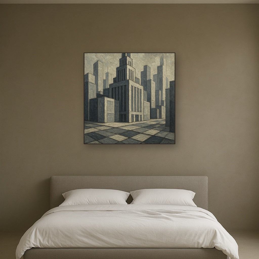 Metropolis Facade Modernist Geometric Oil Painting - View 3