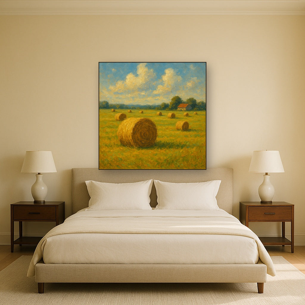 Rolling Meadow Hay Bales Horizon No. 4 Oil Painting - Styled in Master Bedroom