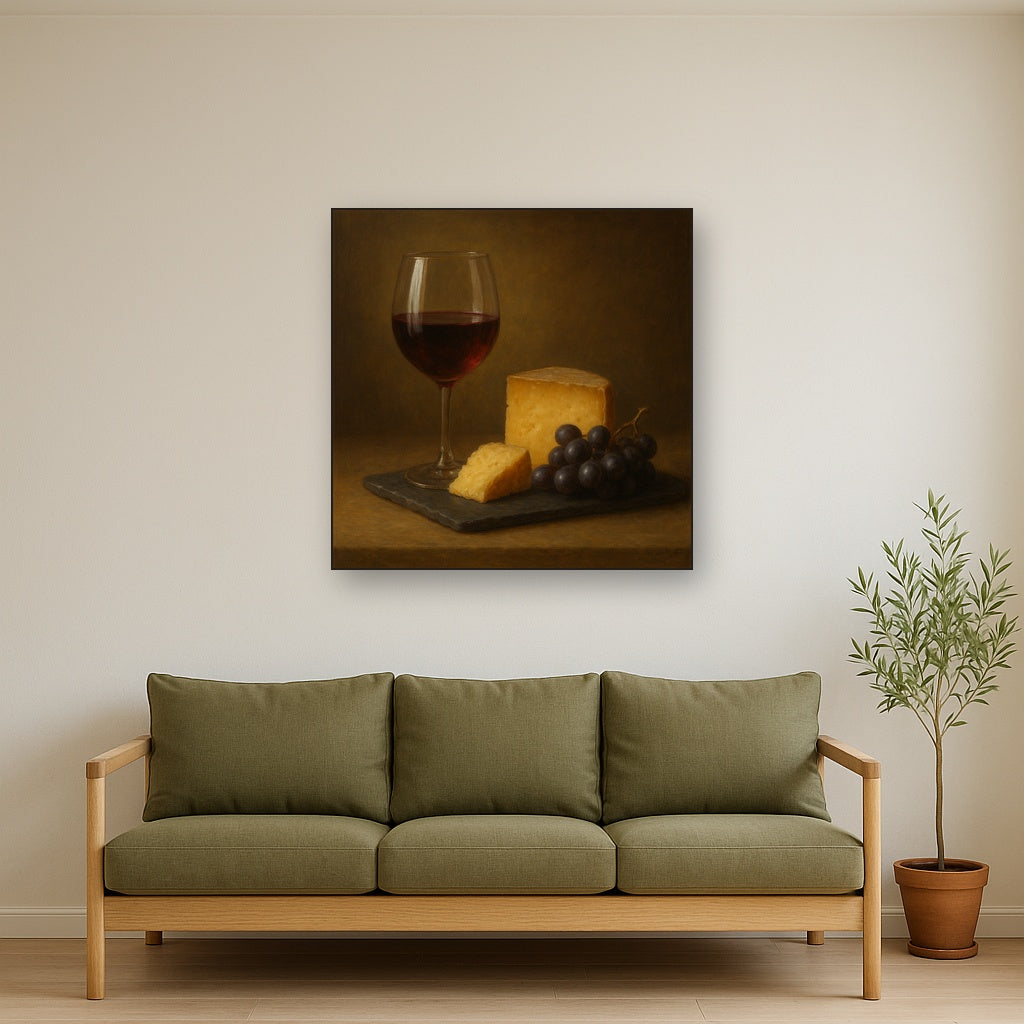 Burgundy Wine Glass & Aged Cheese Board No. 6 Oil Painting - View 3