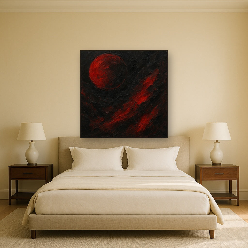 Midnight Onyx & Crimson Eclipse No. 4 Oil Painting - Styled in Master Bedroom