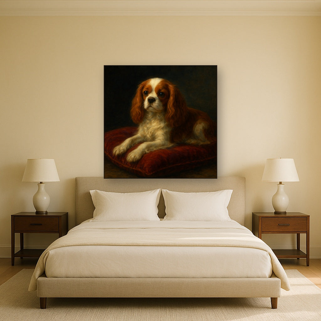 Cavalier King Charles Spaniel on Velvet Cushion No. 9 Fine Art Oil Painting - View 3