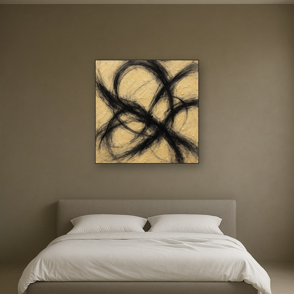 Kinetic Charcoal Surge Modern Abstract Oil Painting - Styled in Master Bedroom
