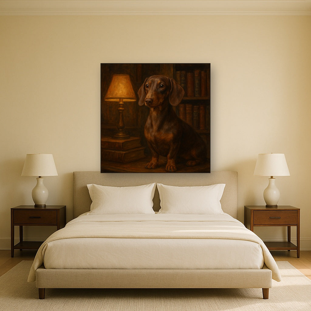Smooth Dachshund in Moody Library Study No. 17 Fine Art Oil Painting - View 3
