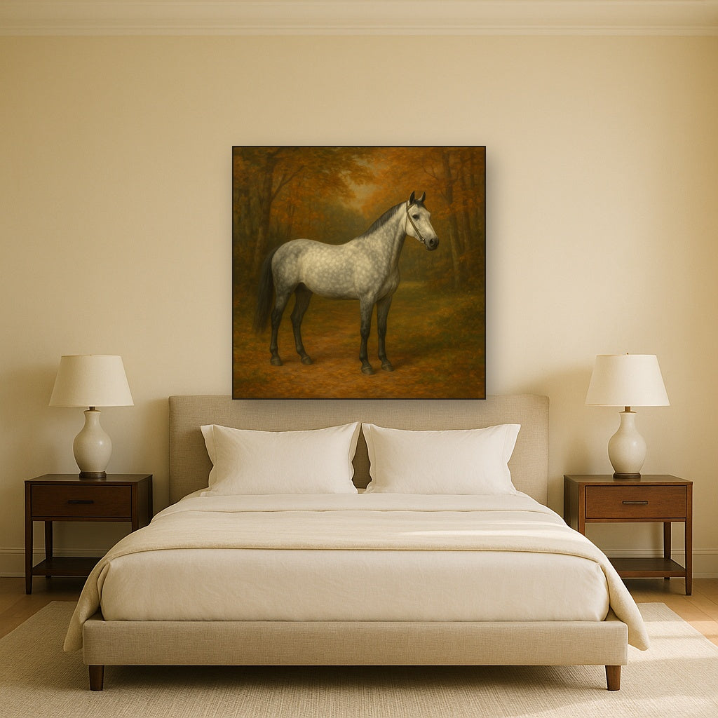 Dappled Grey Hunter in Autumn Woodland No. 4 Oil Painting Staged Above Master Bed in Bedroom, Calming Neutral Hand Painted Oil Art